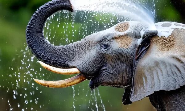 Elephant spraying water with its trunk