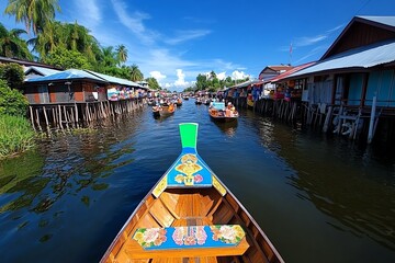 Obraz premium A serene view of the floating market with wooden stilt houses, overlooking the canal where boats laden with goods pass by, showcasing the traditional way of life in Thailand