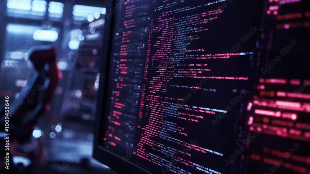 Poster artificial intelligence, close-up of code on a monitor, futuristic technology design