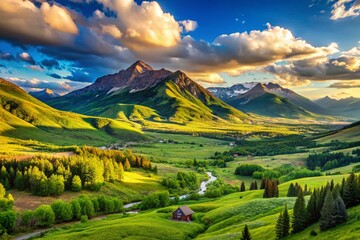 Obraz premium Serene Landscape of Crested Butte with Majestic Mountains and Lush Green Valley in Summer Light