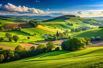 Obraz premium Serene Landscape of Emmaus with Lush Green Fields, Rolling Hills, and Clear Blue Sky in Background