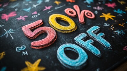 Colorful chalk announcement displaying a fifty percent discount on a chalkboard background