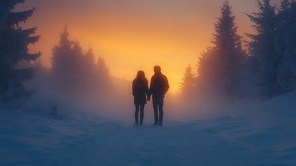 Fototapeta premium unrecognizable couple standing in a snowcovered winter forest their silhouettes framed against a picturesque backdrop of frosty trees creating an intimate romantic atmosphere