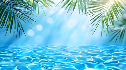 Fototapeta premium Light blue water background with palm leaves and ripples, swimming pool water, light aquamarine, tropical beach