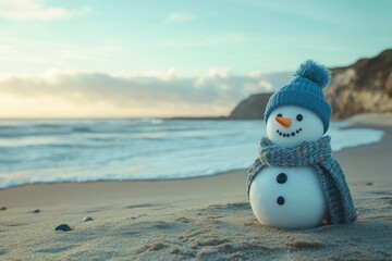 Whimsical Snowman on a Beach at Sunset