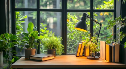 The desk is next to the window, with green plants and books on it. Next to it is an industrial-style table lamp, which provides warm light for reading or working.
