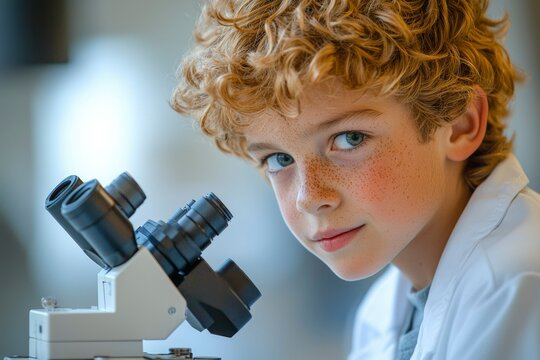 A young boy with curly red hair looking intently through a microscope - Powered by Adobe