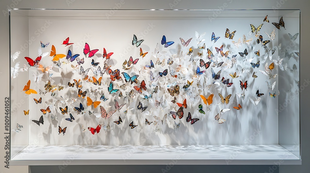 Poster a large glass display case filled with a collection of colorful butterfly specimens.