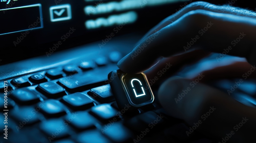 Poster cybersecurity software, close-up of digital padlock on screen, hands typing on keyboard