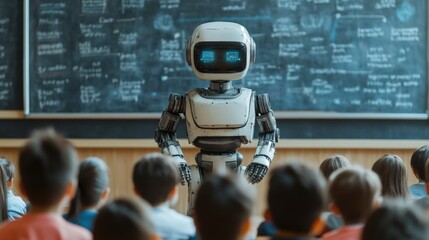 Humanoid education robot teacher in front of a school classroom chalkboard. 

