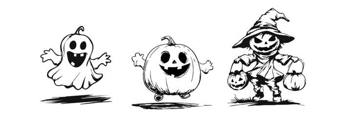 Fototapeta premium Halloween ghost and pumpkin characters vector illustration Cute Ghost and Pumpkin Characters Vector 
