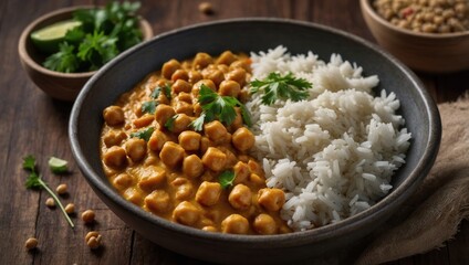 Indian chickpea curry in light sauce with herb and spice garnish