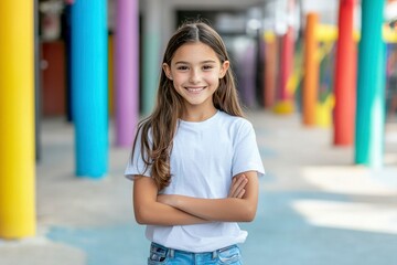 A Young Girl Smiles In Front of Colorful Pillars