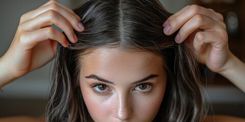 Fototapeta premium Girl looks at gray hairs on her black hair close-up