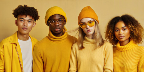 Fototapeta premium Group of multiethnic young people wearing yellow urban streetwear. Stylish multiracial people on yellow background