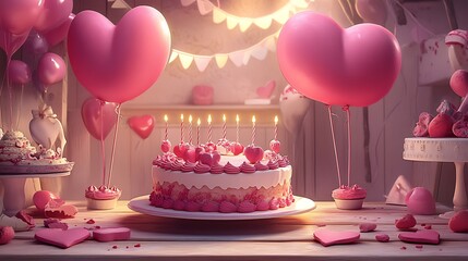 A pink birthday cake with lit candles sits on a wooden table, surrounded by heart-shaped balloons, cupcakes, and other festive decorations.