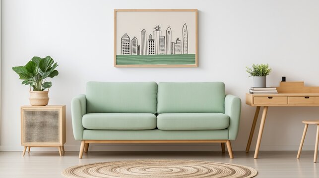 Modern living room with mint sofa and urban art – contemporary interior design