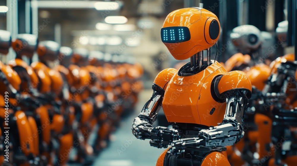 Poster an army of orange robots in a futuristic factory
