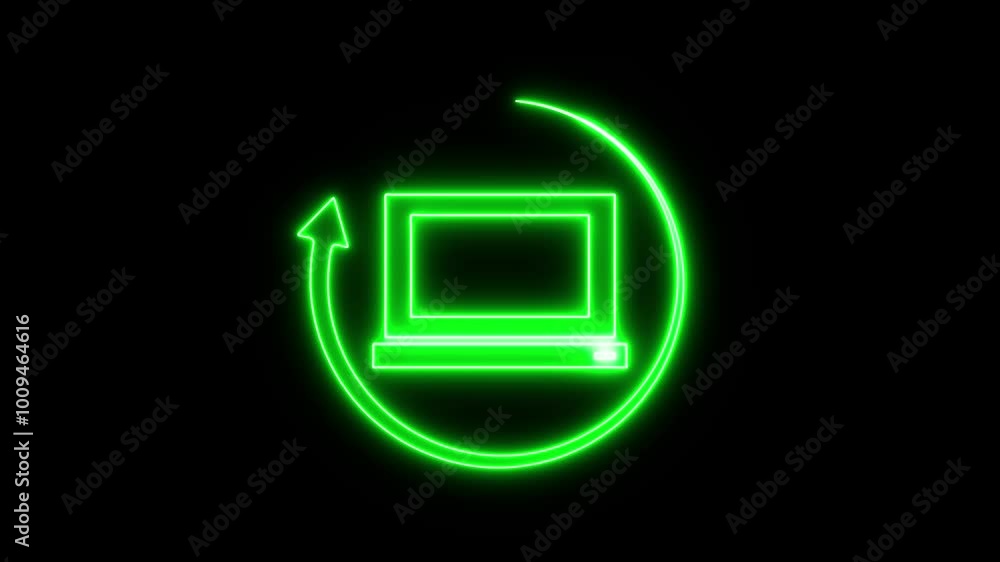 Poster pc monitor neon animation. integrated circuits animated icon glow effect.