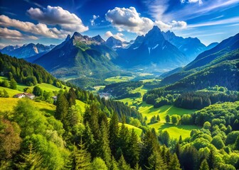 Fototapeta premium Serene Mountain Landscape with Lush Greenery and Clear Blue Sky Under Bright Sunlight in Summer