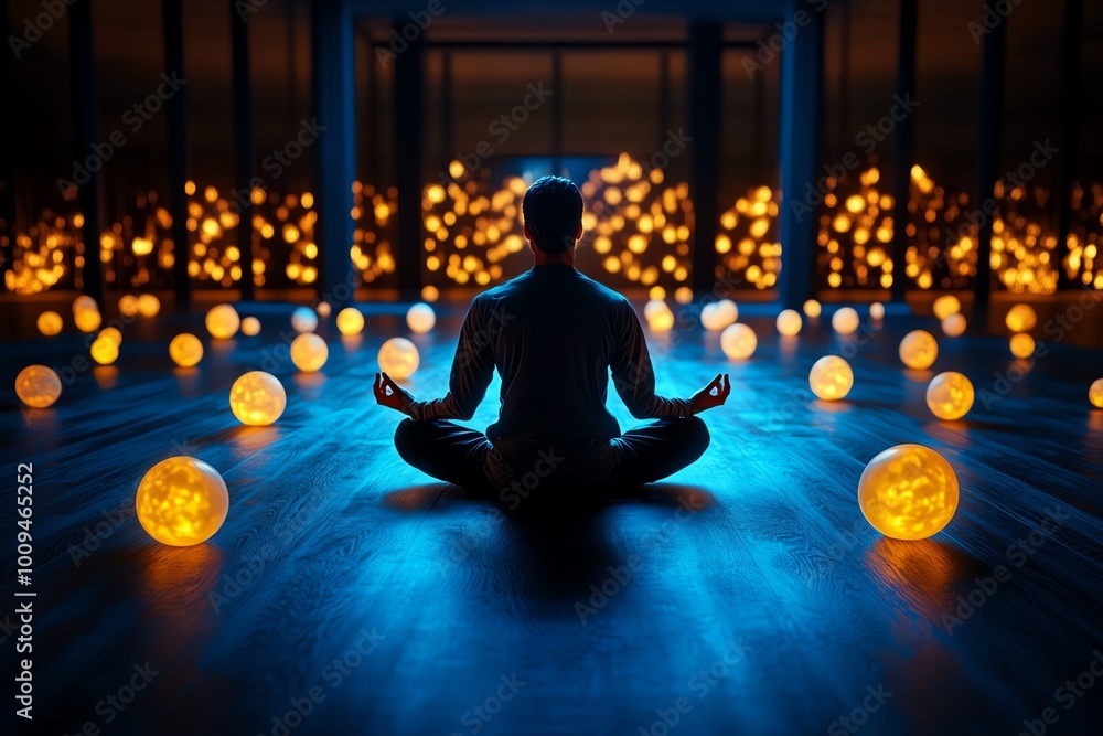 Poster a stoic figure surrounded by glowing orbs of wisdom, meditating in a mystical temple where ancient k