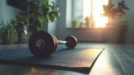 Home workout, close-up of yoga mat and dumbbells, bright home interior
