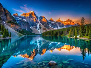 Serene Nature Landscape with Majestic Mountains, Clear Blue Sky, and Calm Reflective Lake Waters
