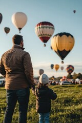 A father and child watching hot air balloons in the sky during a festival.