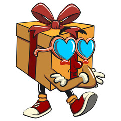 cartoon gift box gold with a red ribbon isolated vector illustration wearing heart shaped beach sunglasses, the concept of birthday, Christmas, new year, work of hand drawn