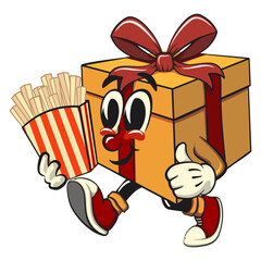 cartoon gift box gold with a red ribbon isolated vector illustration brought a box of french fries, the concept of birthday, Christmas, new year, work of hand drawn