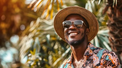 A man wearing a straw hat and sunglasses is smiling