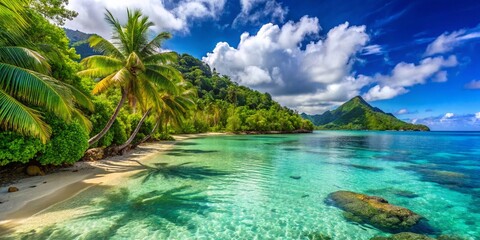 Serene Polinesea Francesa Beach with Crystal Clear Waters and Lush Tropical Vegetation in Paradise