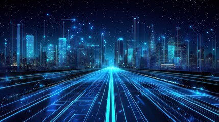 Digital data flow on road represents the speed of light and digital technology concept in an abstract futuristic illustration with blue glowing lines and dots