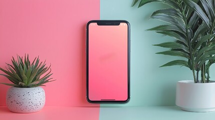 AI digital E-commerce Creative background pastel Smartphone with plant, vibrant background