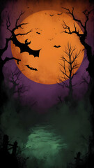 Rough, gritty vertical texture background with a Halloween theme, dark and moody colors like deep orange, black, dark purple, and eerie green. Cracks, scratches, and patches,  for graphic design.	