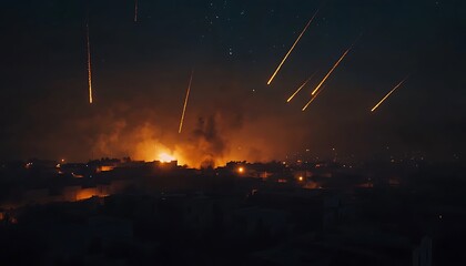 Nighttime Aerial View of a City Under Attack
