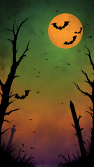 Rough, gritty vertical texture background with a Halloween theme, dark and moody colors like deep orange, black, dark purple, and eerie green. Cracks, scratches, and patches,  for graphic design.	
