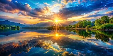 Fototapeta premium Serene Scene of Water Reflecting Light with Symbolic Elements Representing Spiritual Awakening