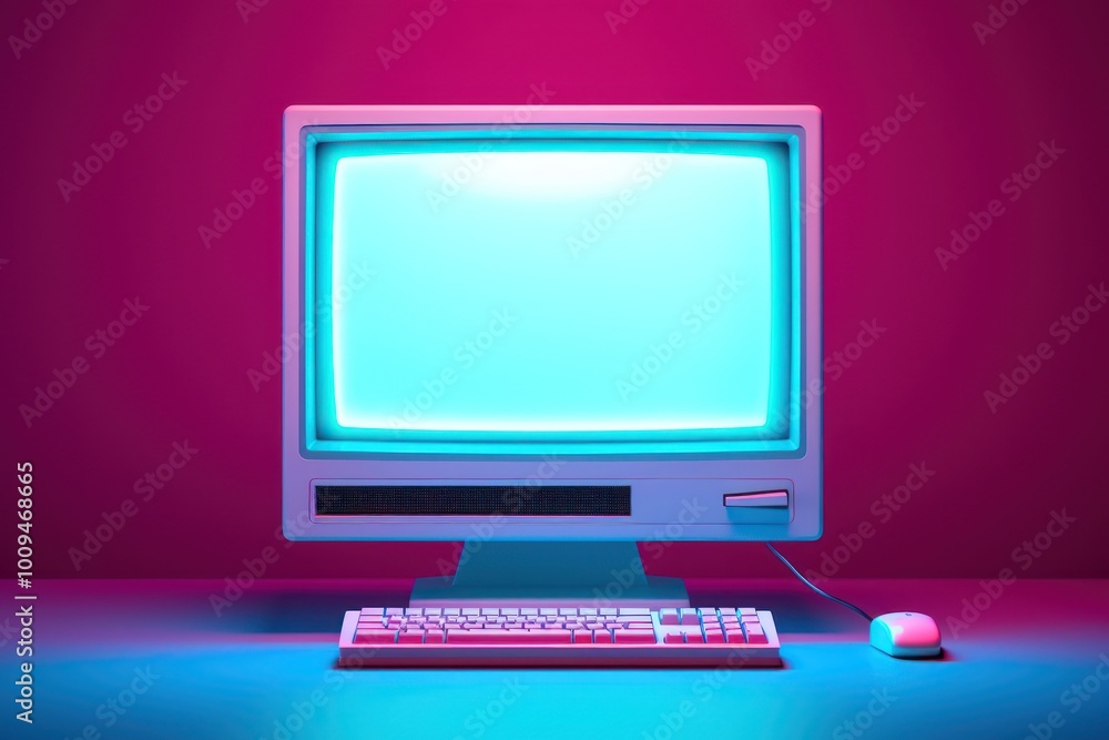 Poster blank screen retro computer table electronics.