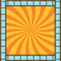 Pop art orange cinema background decorated with long film strip frame. Vector illustration