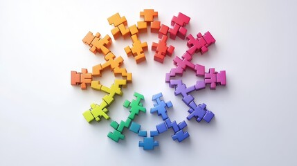 Colorful interconnected puzzle pieces form a circular shape on a white background, creating a vibrant and playful abstract design.