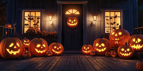 Fototapeta premium Jack-o'-Lanterns illuminating the front porch of a traditional Halloween house.