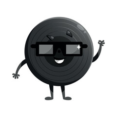 Cute cartoon vinyl record character wearing sunglasses. Vinyl disk, gramophone record mascot character in childish style. Vector illustration