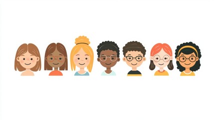 Illustration of diverse cartoon faces showing various ethnicities and styles, perfect for representing inclusiveness and community.