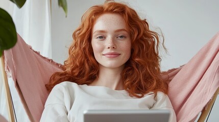 A young woman with red hair relaxing in a hammock while using a tablet in a cozy indoor setting.