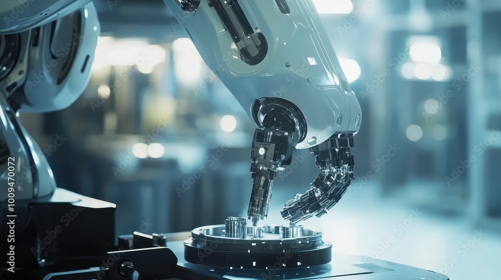 Poster robotics automation, close-up of robotic arm assembling parts.