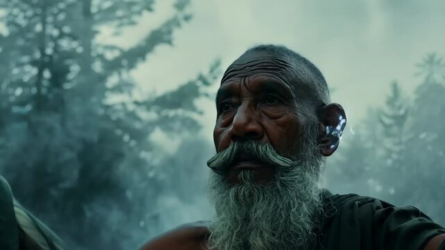 Old shaman with gray beard conducts spiritual ritual in forest. Mystical elder man casts spell in dark wood. Mysterious druid, guardian controls weather. Elderly senior pagan portrait. Spiritual path.