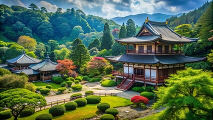 Fototapeta premium Serene Temple Landscape of Tenrikyo with Traditional Architecture and Lush Green Surroundings
