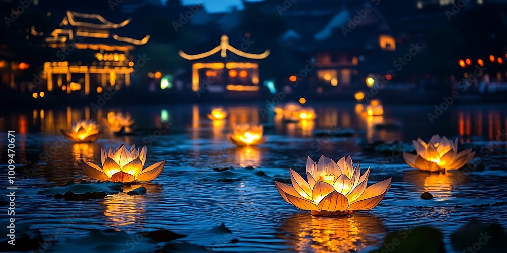 Poster illuminated lotus lanterns float on a tranquil pond, glowing with soft light in the evening.
