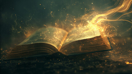 An ancient magical book floating mid-air, glowing with golden light, as ethereal wisps of energy rise from the pages, forming galaxies and constellations in the sky. 